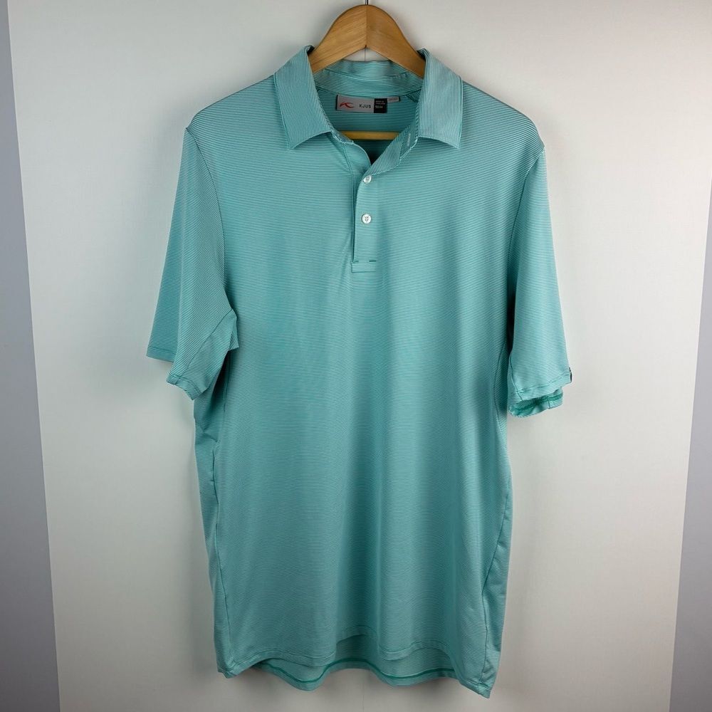 Kjus Men's Soren teal white striped short sleeves Polo Golf Size Medium UPF 50+